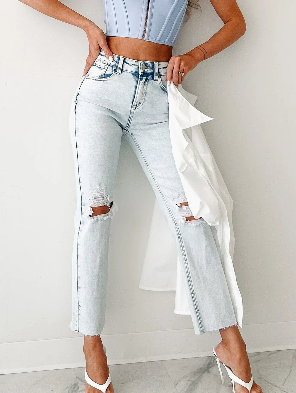Risen High-Rise Knee Distressed Raw Hem Riley Ankle Jeans 7/28